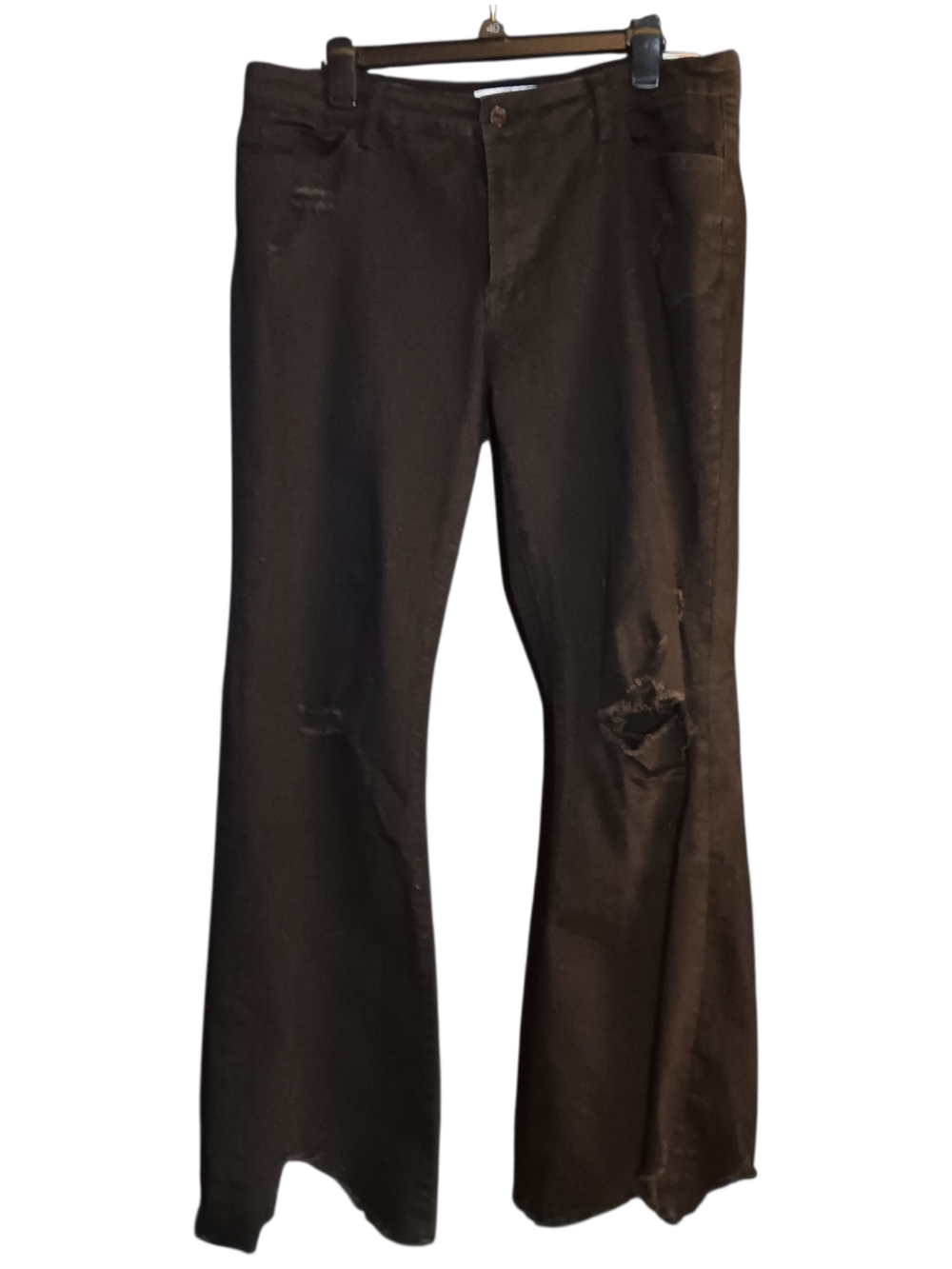 Flying Monkey Black Denim Women's Flared Jeans Ripped Knees & Raw, Uneven Hems ♡